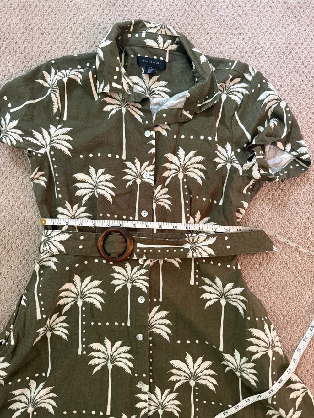 Tahari Olive Green Palm Print Shirt Dress with Belt - Picture 3 of 7